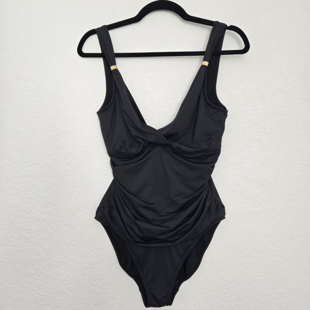 Ralph Lauren 10 Black One Piece Swimsuit V-Neck‎ Gold Detail Classic Ruched